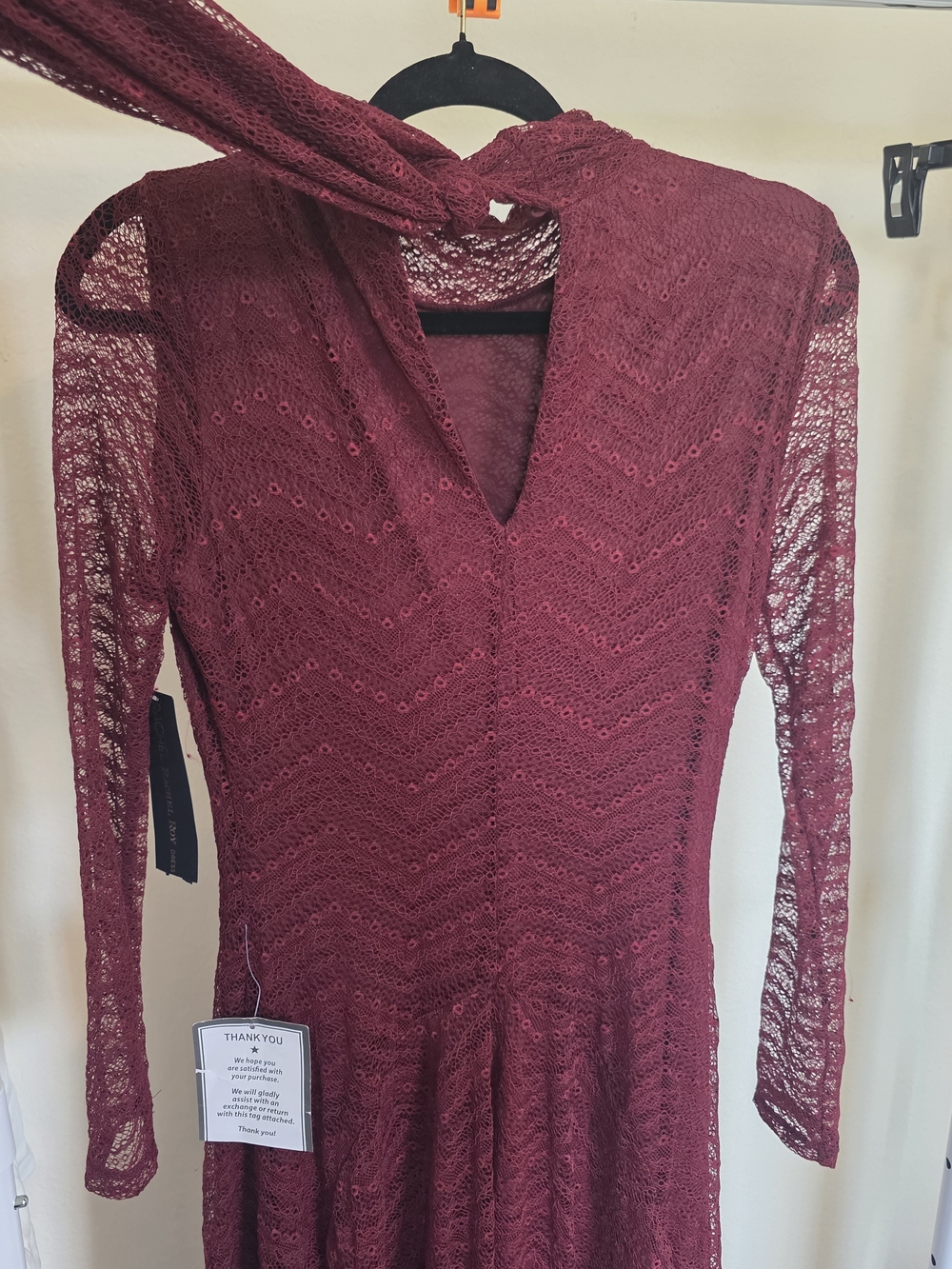 RACHEL Rachel Roy Burgundy Lace Maxi Dress with Neck Tie Beatrice Long Sleeve - Picture 8 of 9
